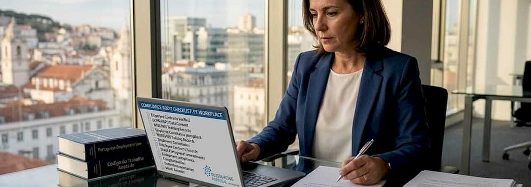 Portuguese HR manager reviewing compliance checklist