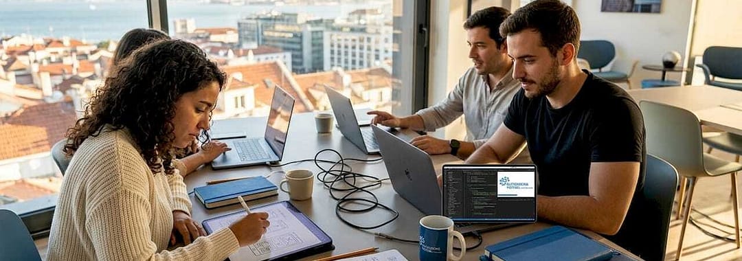 Team collaborating in Lisbon tech workspace