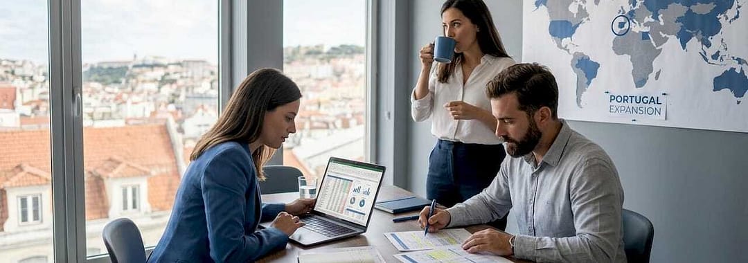 Business team reviewing budget documents together