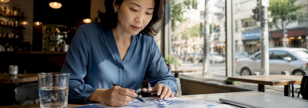 Businesswoman reviewing market entry strategy documents