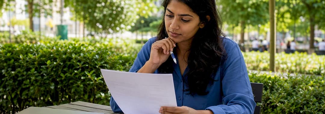 Woman reviewing HR cover letter drafts at desk