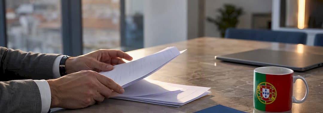 Hands adjusting Portuguese payroll documents