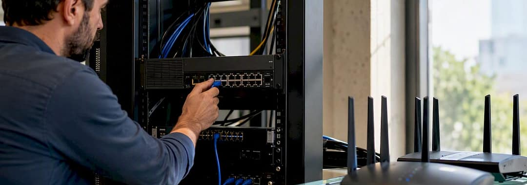 Hands connecting ethernet cable to firewall device