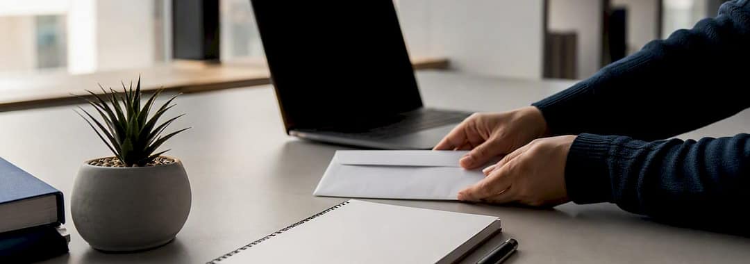 Hands placing college admission envelope on desk
