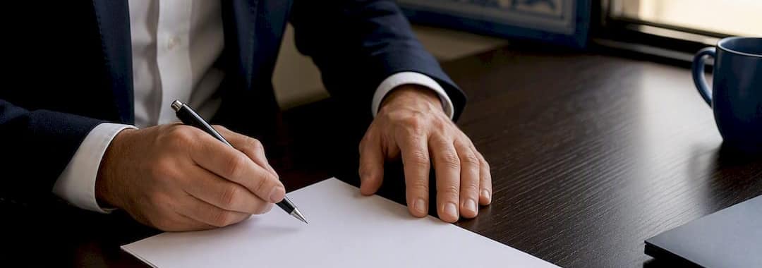 Close-up of contract signing hands and desk