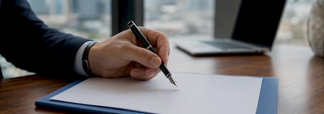 Hand placing pen on contract paper