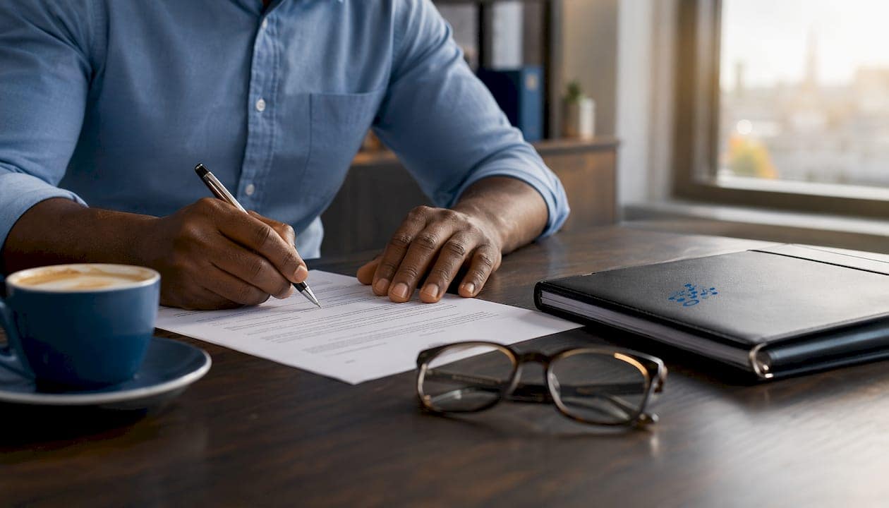 Hands reviewing contract document with pen poised