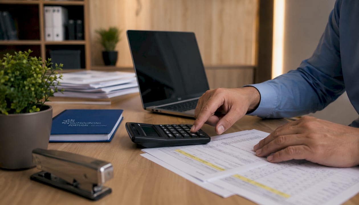 Hands calculating Portuguese social security payments