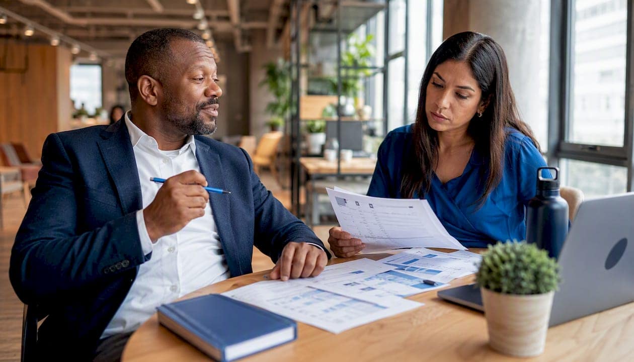 Two colleagues reviewing compliance workflow documents