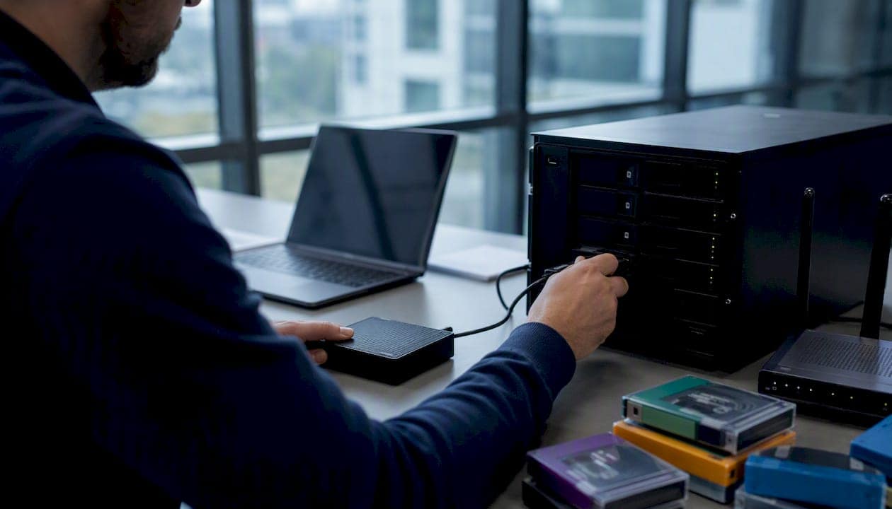 Person connecting external drive for backup