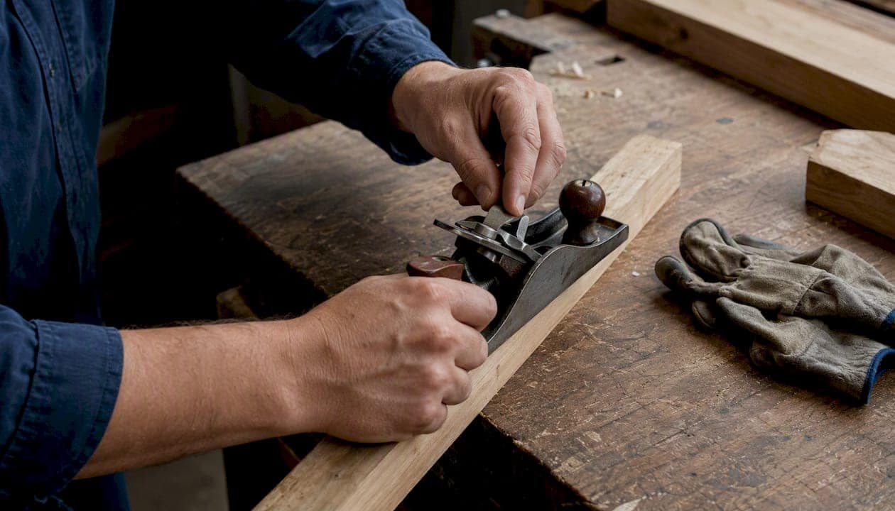 Hands using carpentry tool in apprenticeship workshop